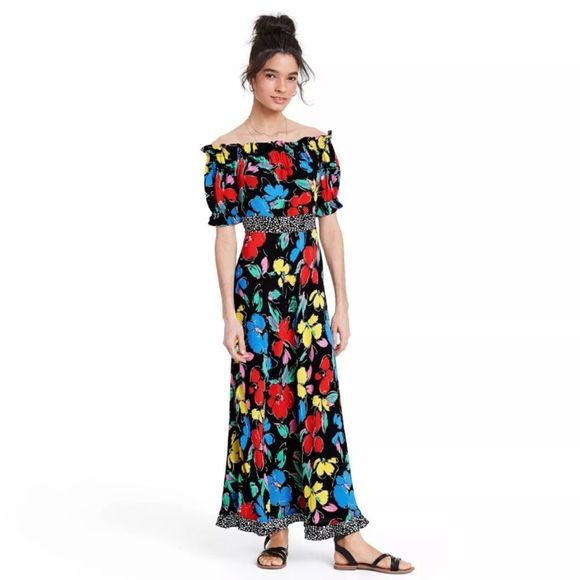 Rixo x Target Dress Black Floral Off Shoulder Maxi - Picture 1 of 8